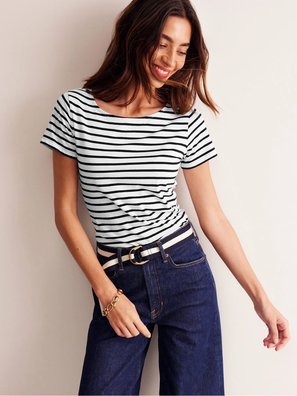Boden Striped Short Sleeve Tee Shirt US 12 Navy White Breton Top